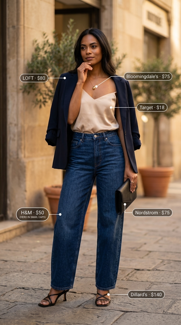 Summer barrel leg jeans outfits for women 2026: Deep indigo jeans, champagne cami, black blazer, and strappy heels.
