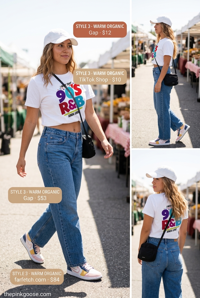 Casual Summer Barrel Leg Jeans Outfits for Women 2026: Blue jeans, graphic tee, fashion sneakers, crossbody bag, baseball cap.