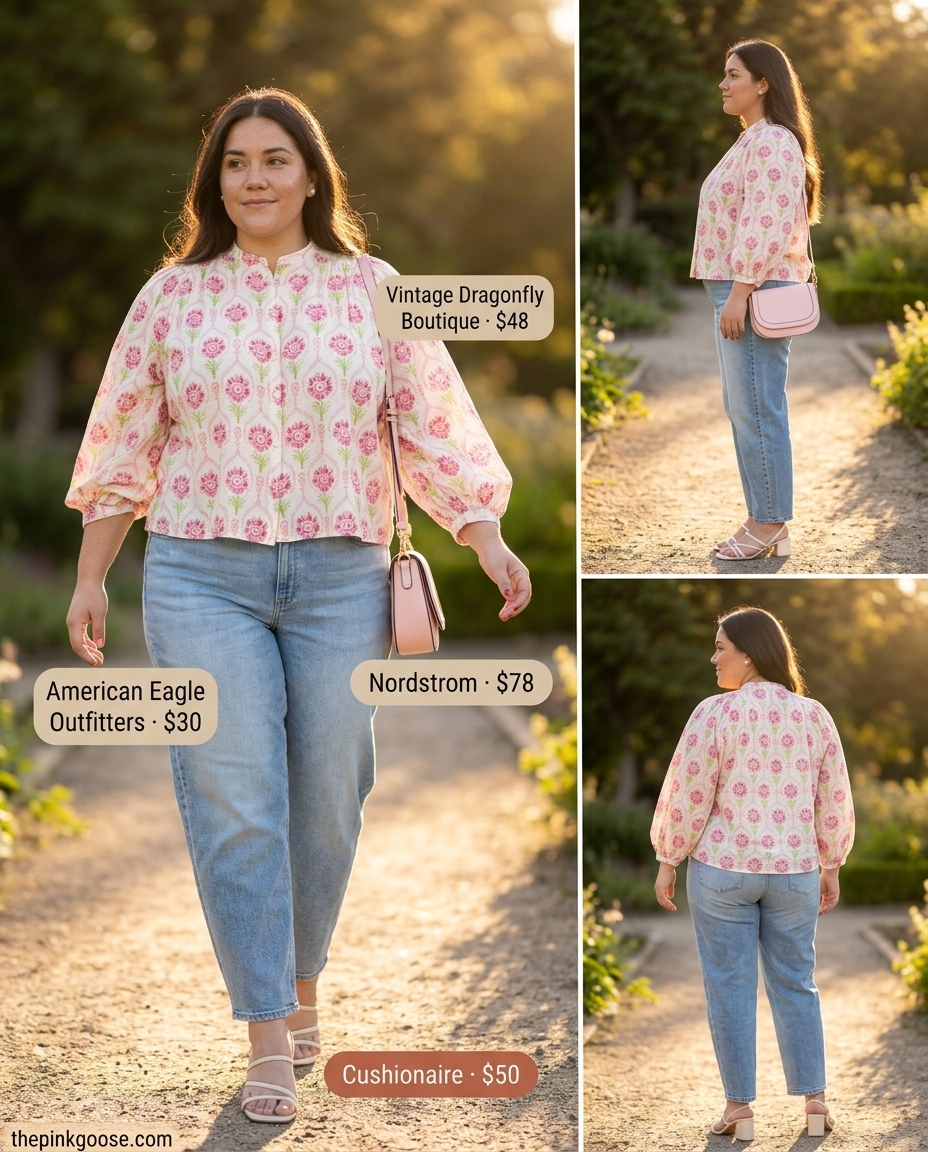 Summer barrel leg jeans outfits for women 2026: Light wash jeans, floral puff sleeve blouse, cream block heels, and pink crossbody.