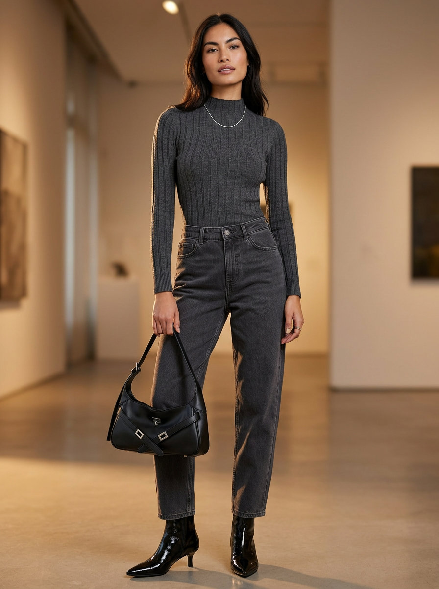 Monochrome Summer Barrel Leg Jeans Outfits for Women 2026: Grey jeans, mock neck top, ankle boots, silver necklace.