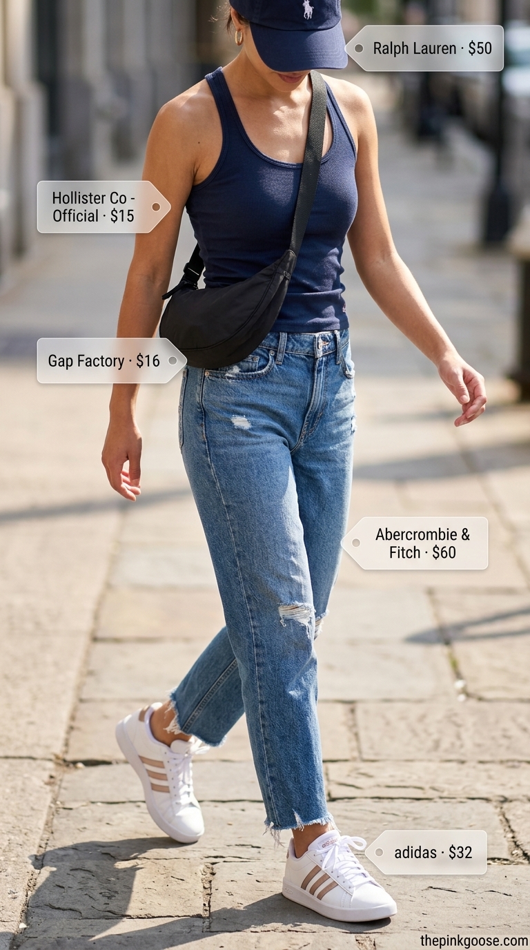 Summer barrel leg jeans outfits for women 2026: Medium wash jeans, navy tank, sneakers for a sporty day.