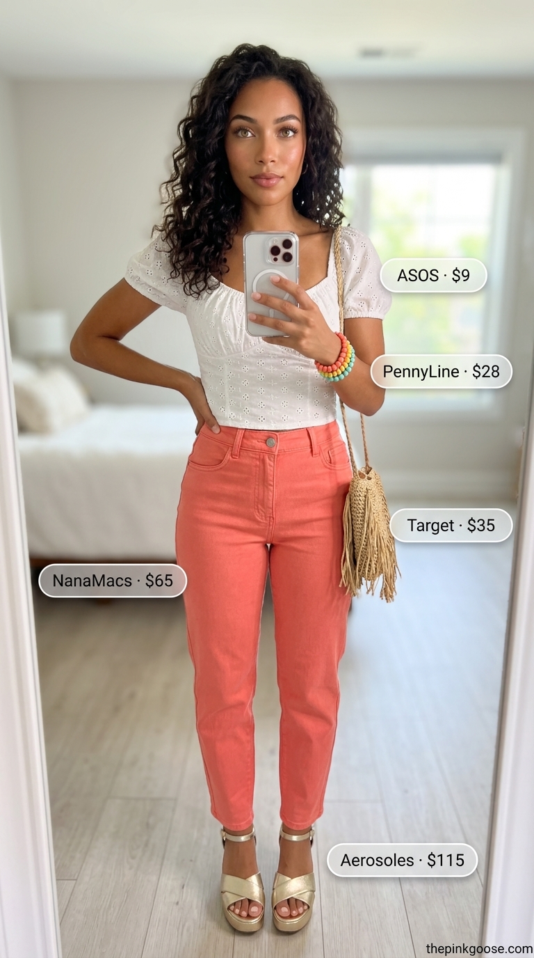 Festive Summer Barrel Leg Jeans Outfits for Women 2026: Coral jeans, eyelet top, espadrille wedges, beaded bracelets.