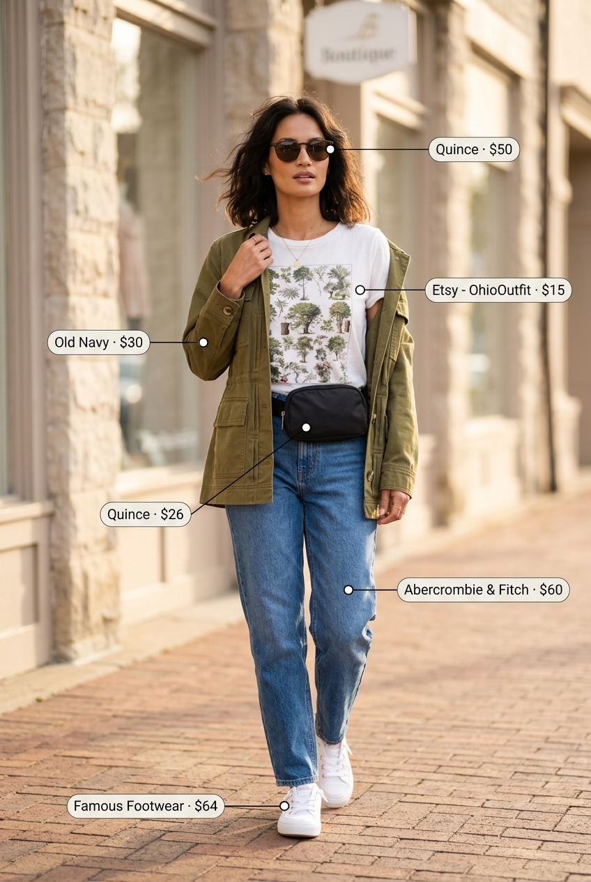 Summer barrel leg jeans outfits for women 2026: Medium wash jeans, olive utility jacket, graphic tee, and belt bag.