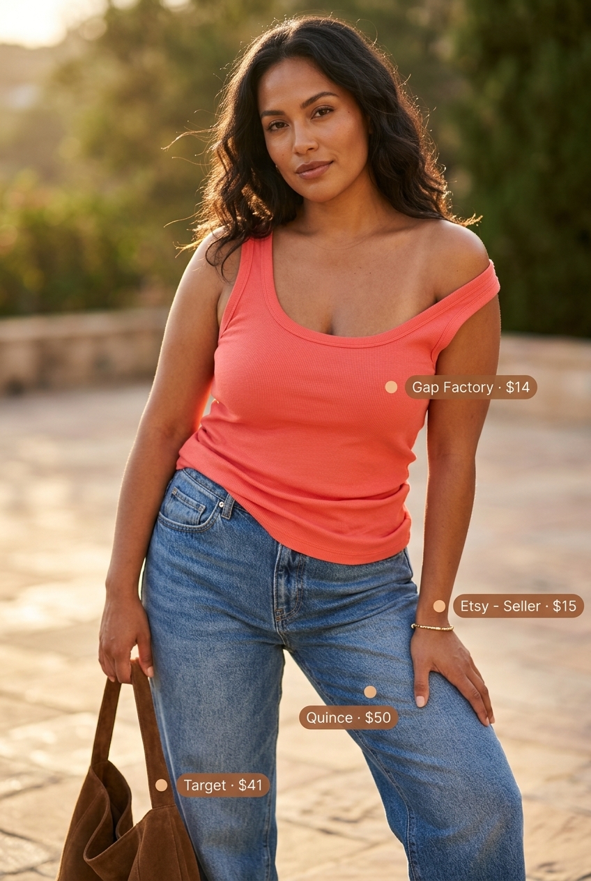 Summer barrel leg jeans outfits for women 2026: Medium wash jeans, coral knit top, espadrille wedges, and slouchy bag.
