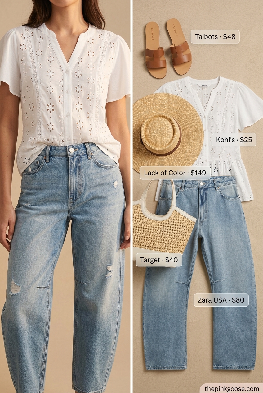 Summer barrel leg jeans outfits for women 2026: Light wash jeans, eyelet tunic, straw hat for vacation.
