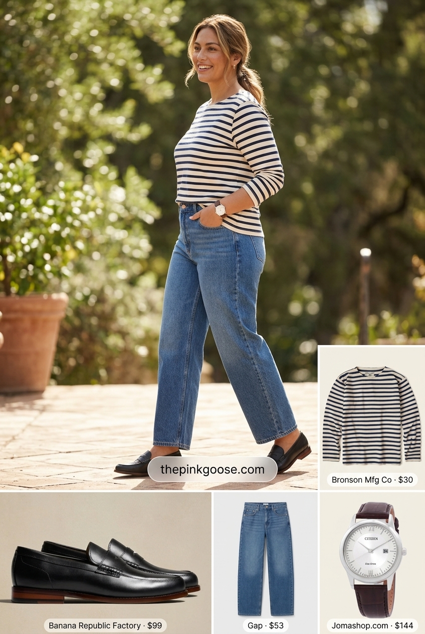 Summer barrel leg jeans outfits for women 2026: Blue denim jeans, Breton stripe top, loafers for weekend brunch.