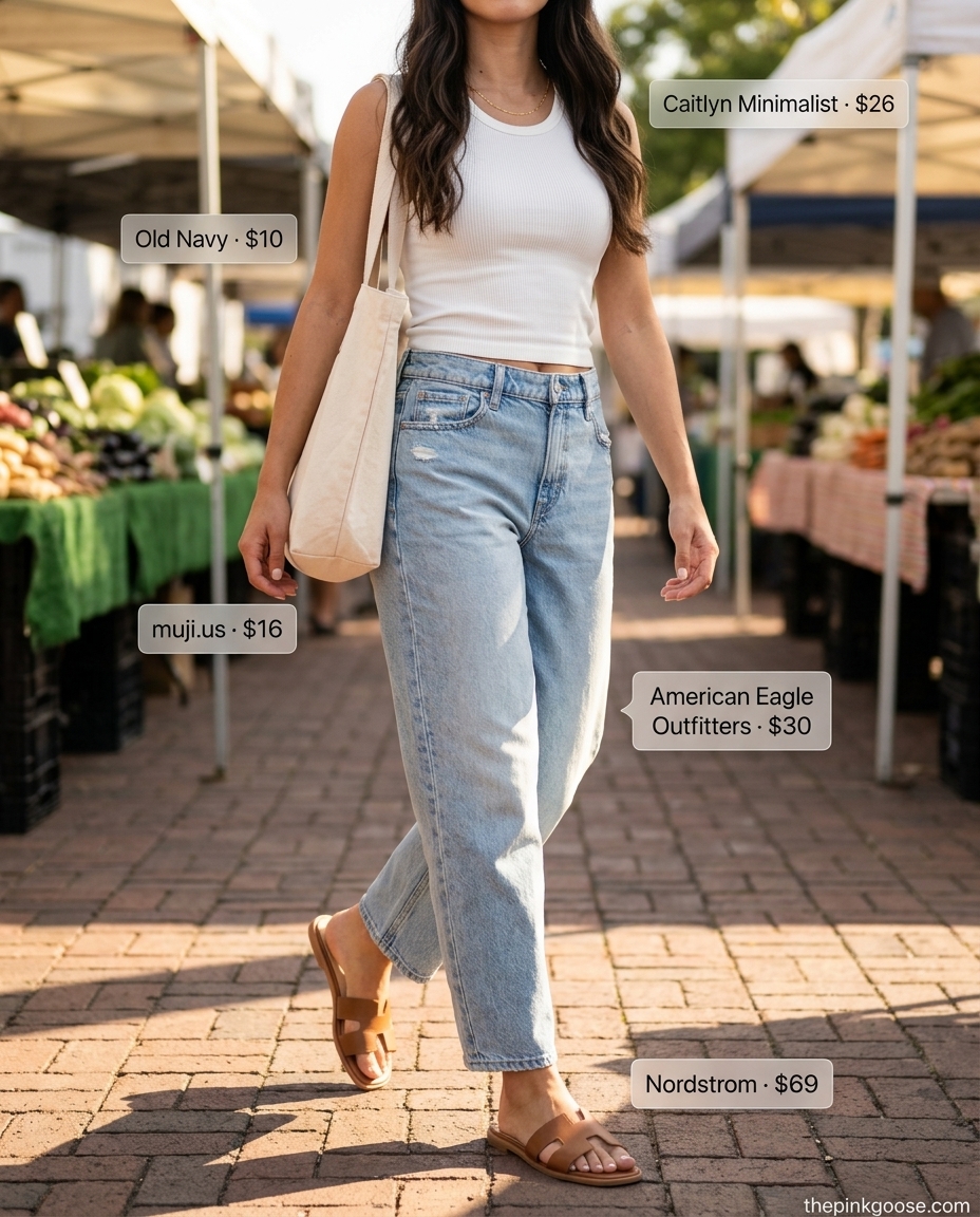 Summer barrel leg jeans outfits for women 2026: Blue jeans, white tank, slides for a relaxed weekend getaway.