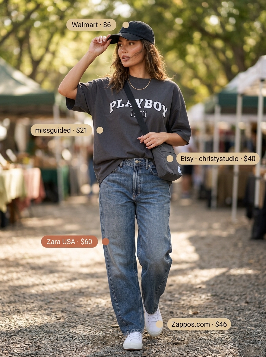 Casual Summer Barrel Leg Jeans Outfits for Women 2026: Blue jeans, graphic tee, canvas sneakers, crossbody bag, baseball cap.