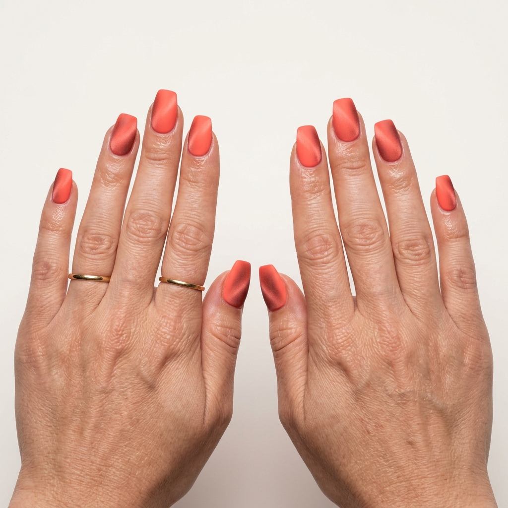Coral Velvet Cat Eye Lipstick: Vibrant vacation nails with coral and soft gold velvet cat eye shift.