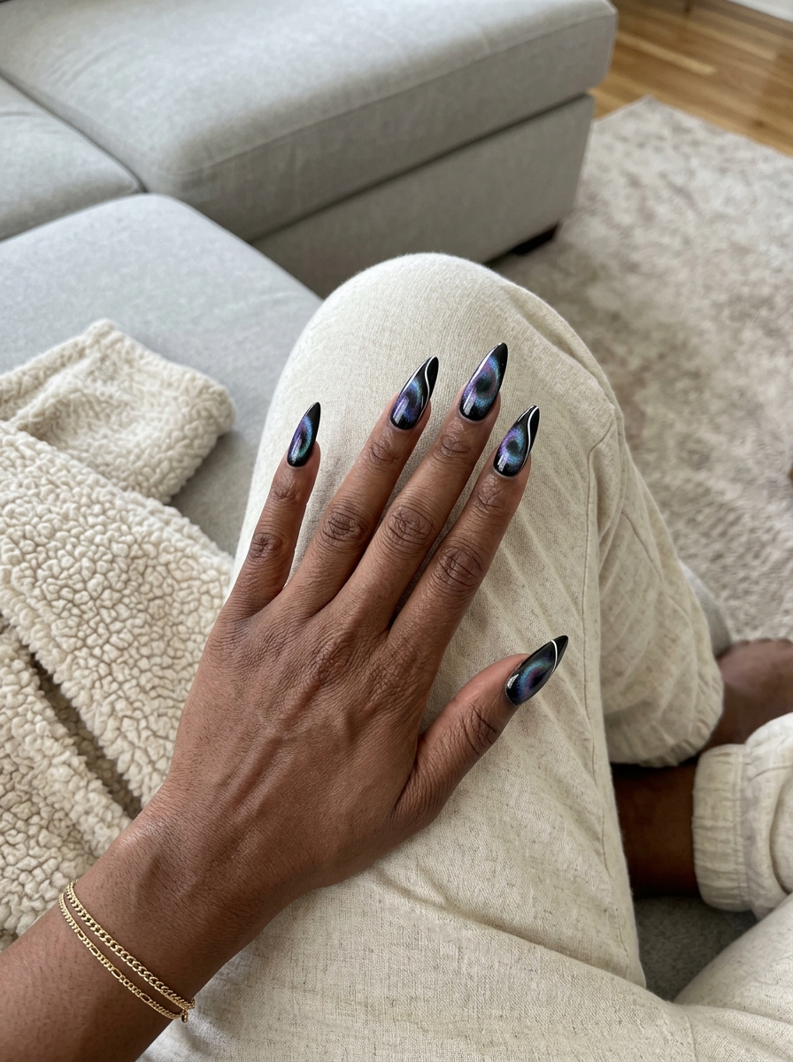 Cosmic Shift Abstract Cat Eye Swirls: Edgy festival nails with multi-chrome shifts and abstract white lines.