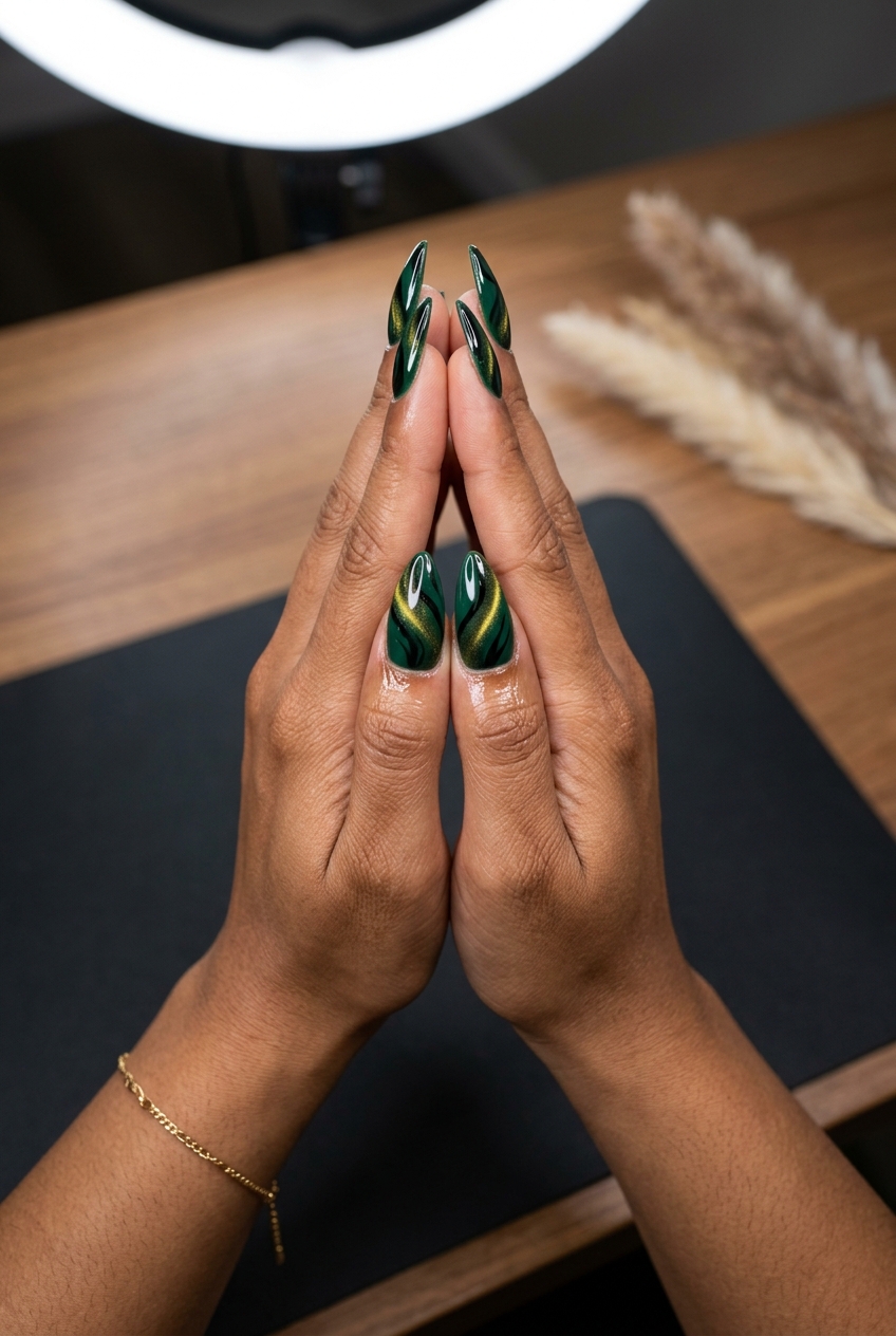 Emerald green abstract swirl cat eye stiletto nails for festivals or edgy style in 2026.
