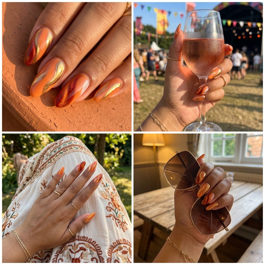 Golden Hour Chrome Swirls nails for summer cat eye nails 2026: artistic, glamorous festival outfit.