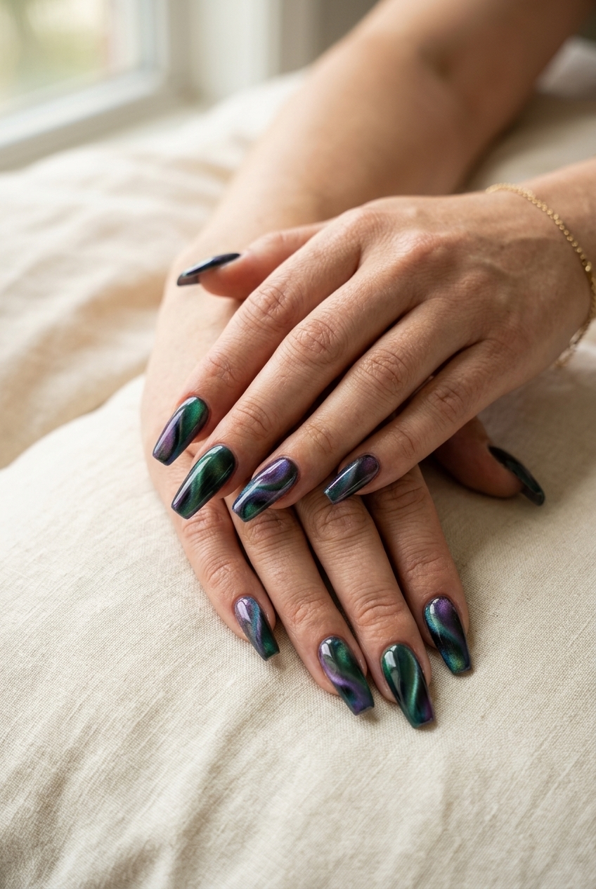 Abstract Jewel Tone Cat Eye Swirls: Artistic bohemian nails in emerald, sapphire, and amethyst with magnetic shifts.