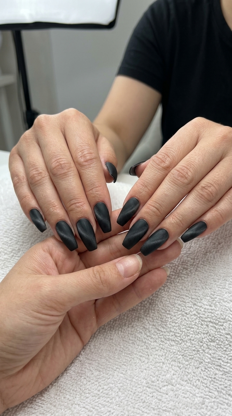 Midnight Bloom Velvet Cat Eye: Sultry date night nails with deep black and subtle charcoal magnetic cat eye.