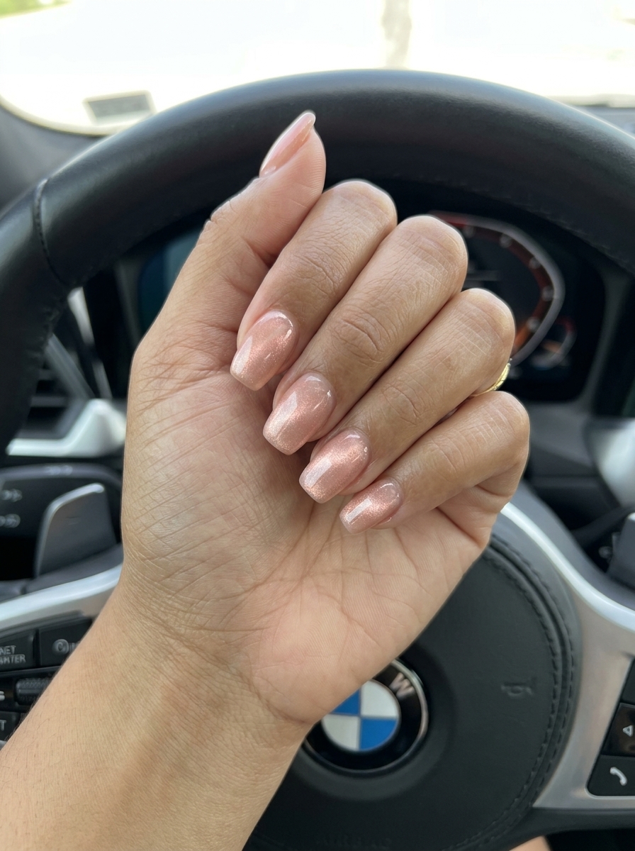 Milky Peach Sheer Squoval Glow nails for summer cat eye nails 2026: romantic bridal shower or daily wear.