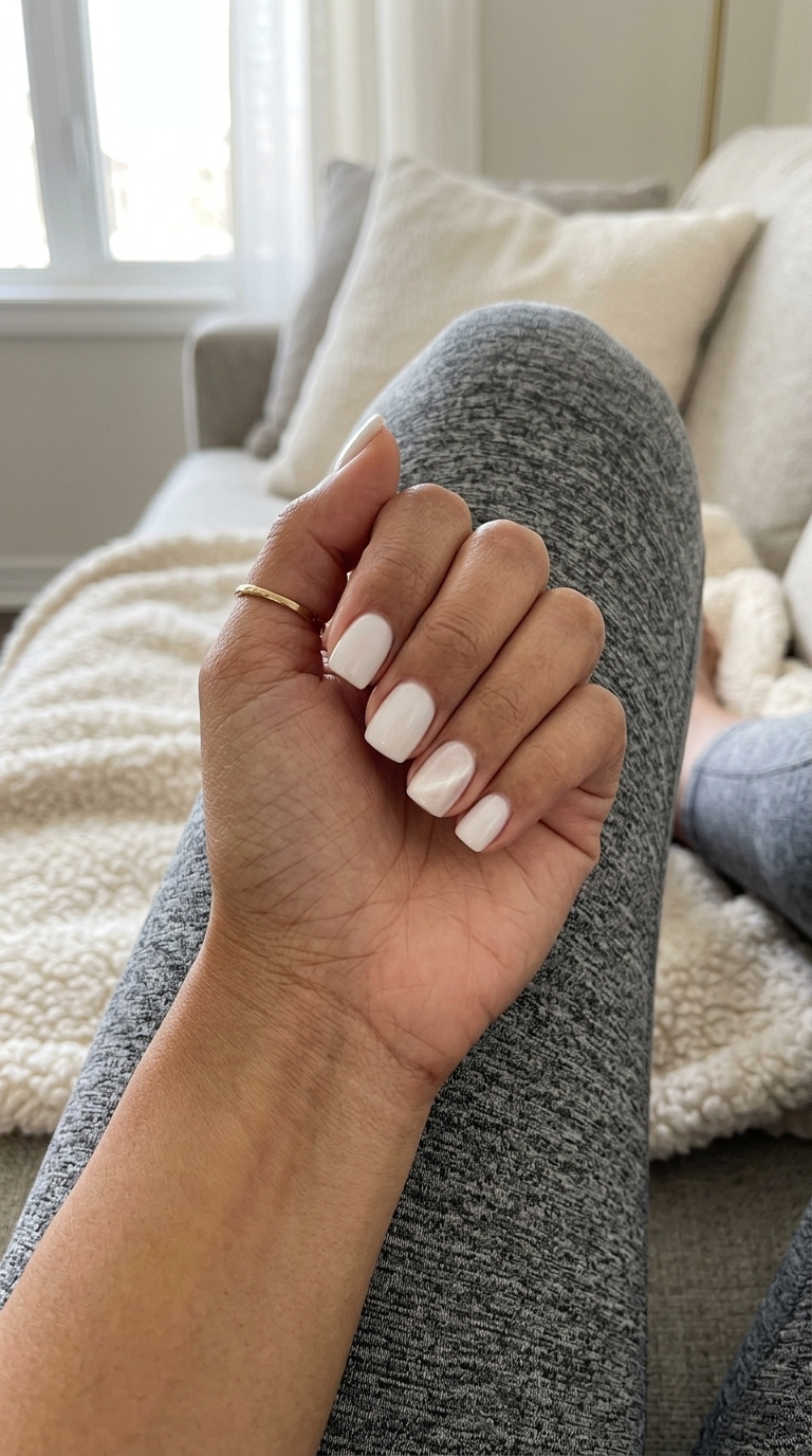 Milky White Aura Cat Eye Accent: Chic minimalist nails with opaque milky white and pearl cat eye accent.