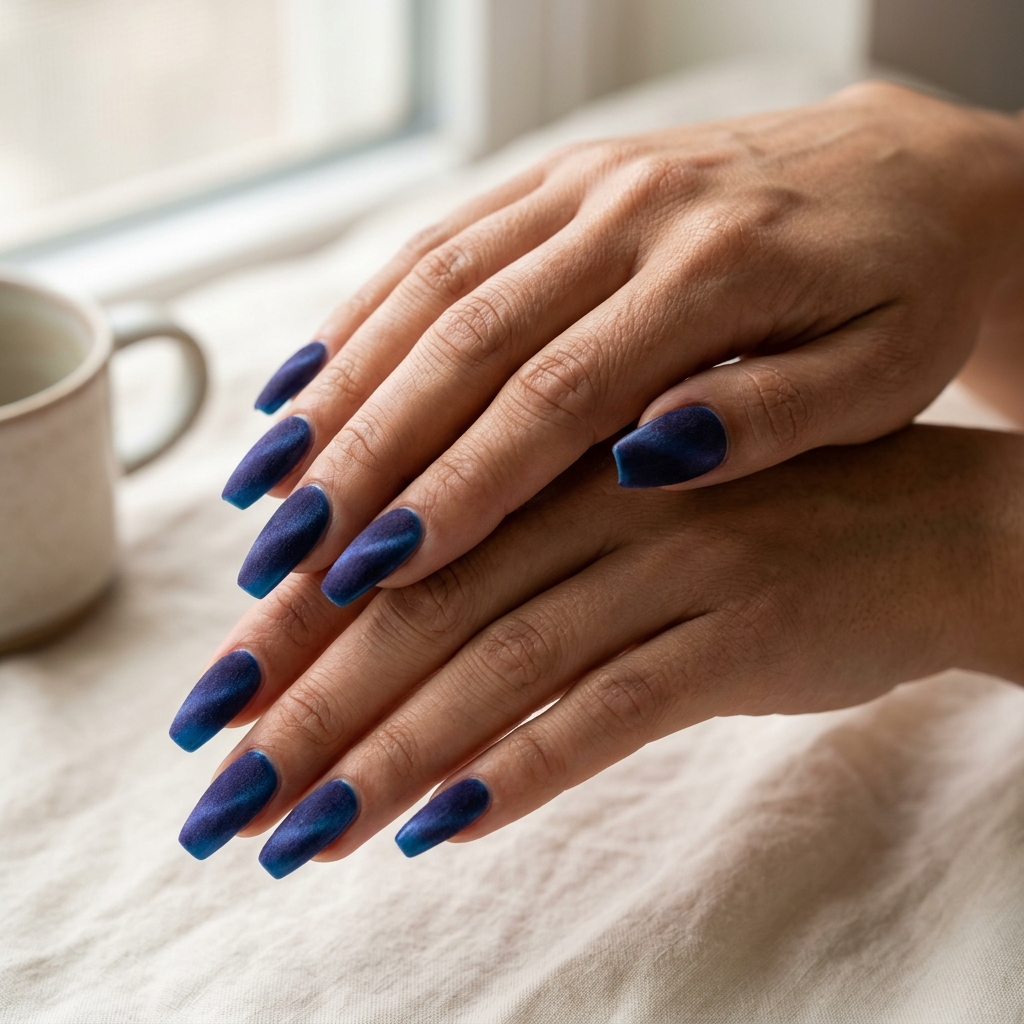 Ocean blue velvet cat eye coffin nails for vacation or a bold summer evening in 2026.