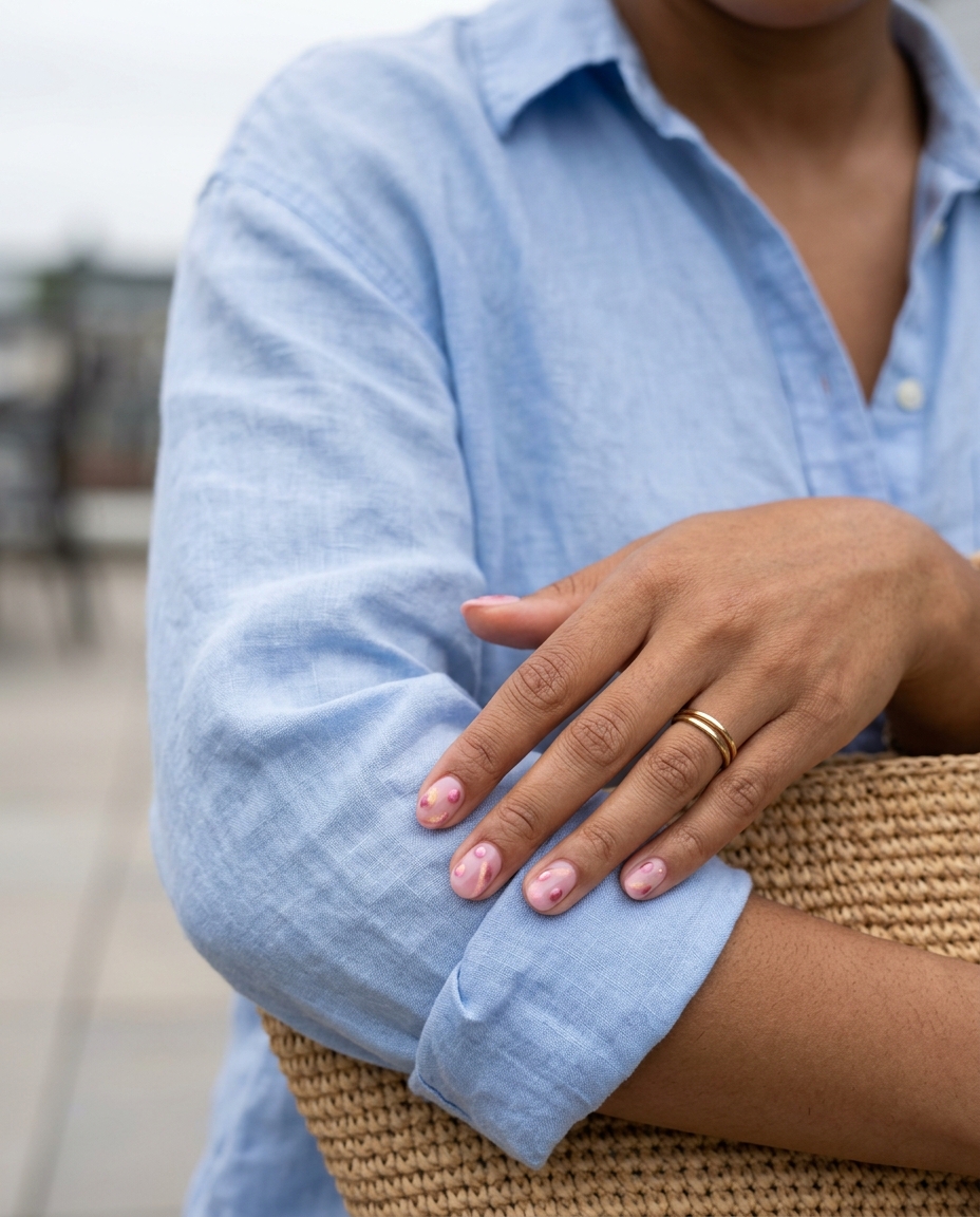 Abstract Pink Cat Eye Dots: Whimsical casual nails with soft pink and subtle pink/gold cat eye dots.
