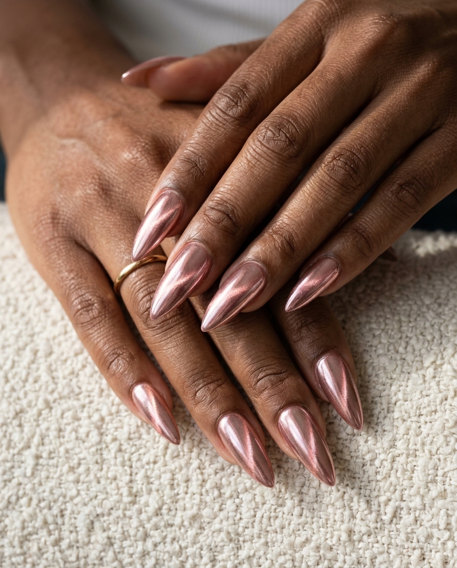 Rose gold chrome cat eye stiletto nails for parties or a glamorous night out in 2026.
