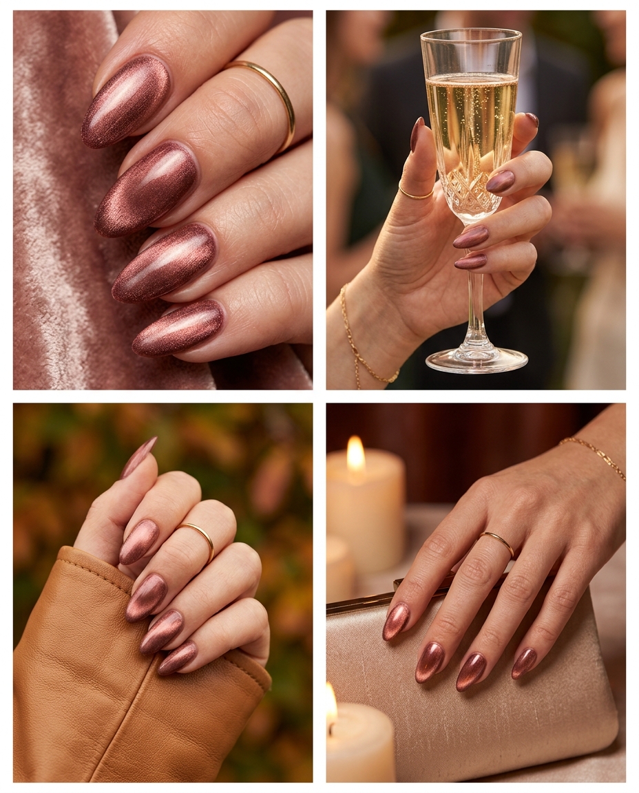 Rose Gold Velvet Eclipse Cat Eye nails for summer cat eye nails 2026: glamorous date night or soiree.