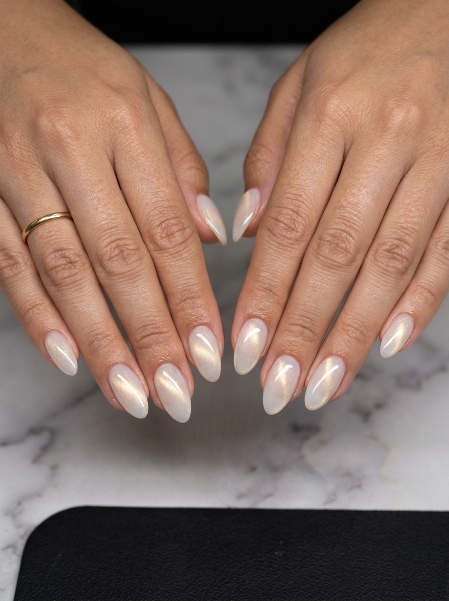 Sheer Milky Cat Eye Almond nails for summer cat eye nails 2026: minimalist daily wear or bridal shower.