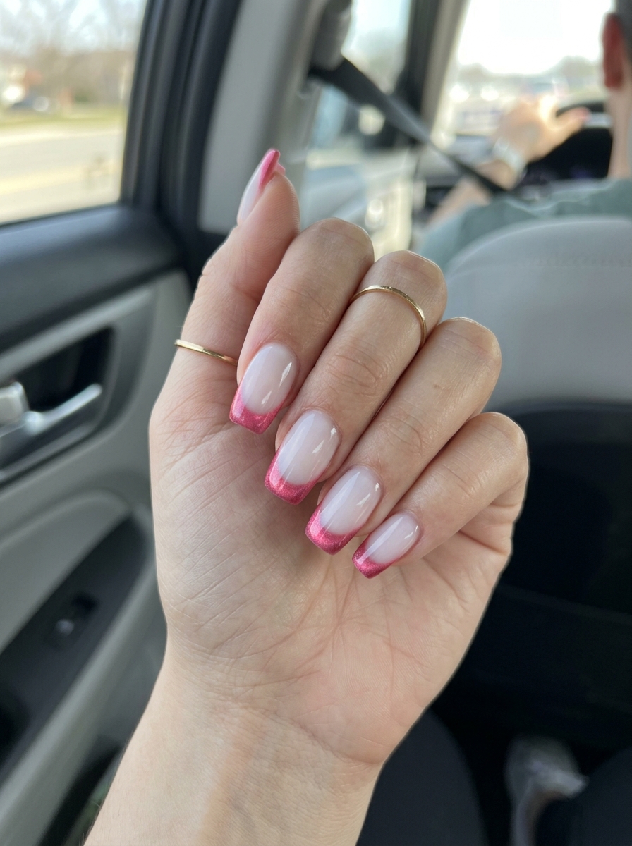 Strawberry Fields Cat Eye French: Playful vacation nails with strawberry pink magnetic cat eye French tips.