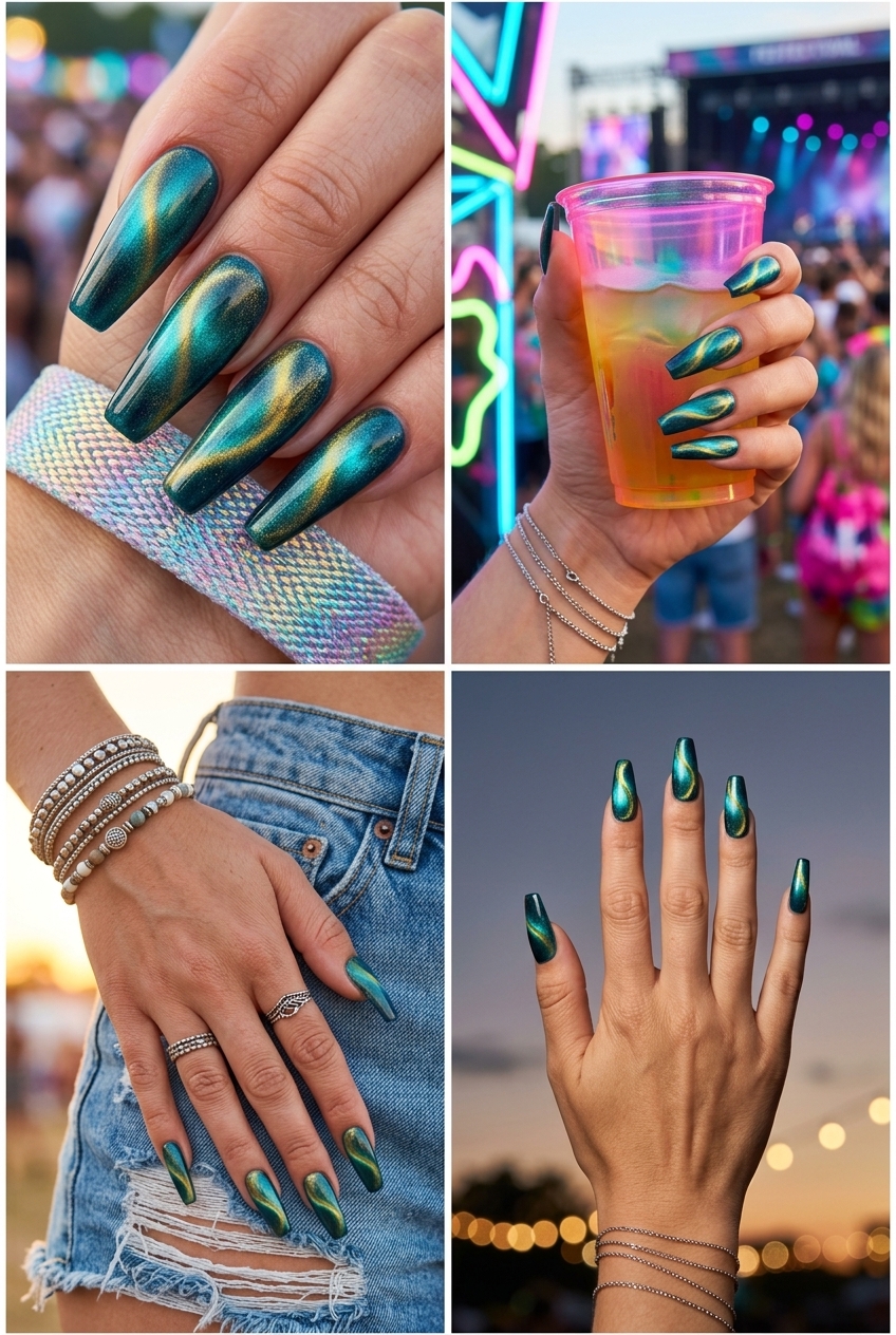 Teal & gold chrome aurora cat eye stiletto nails for parties or fashion-forward events in 2026.