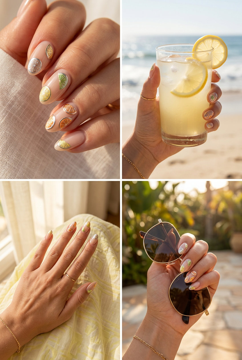 Citrus Chrome Accents Nails 2026: Futuristic Summer Art Citrus slice chrome accents on coffin nails for summer citrus nail art 2026. Futuristic, playful vacation style.