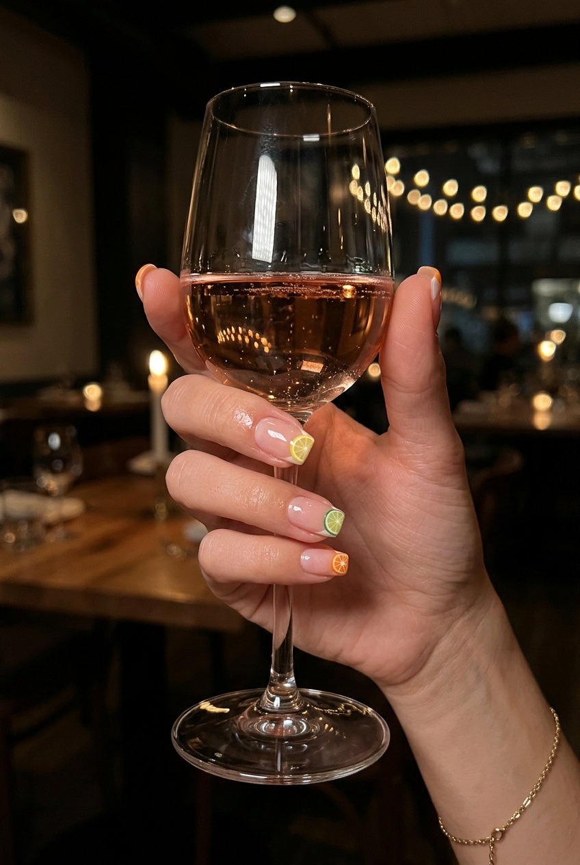 Citrus Slice French Tips Nails 2026: Playful Summer Art Citrus slice micro French tips on almond nails for summer citrus nail art 2026. Whimsical vacation or festival style.