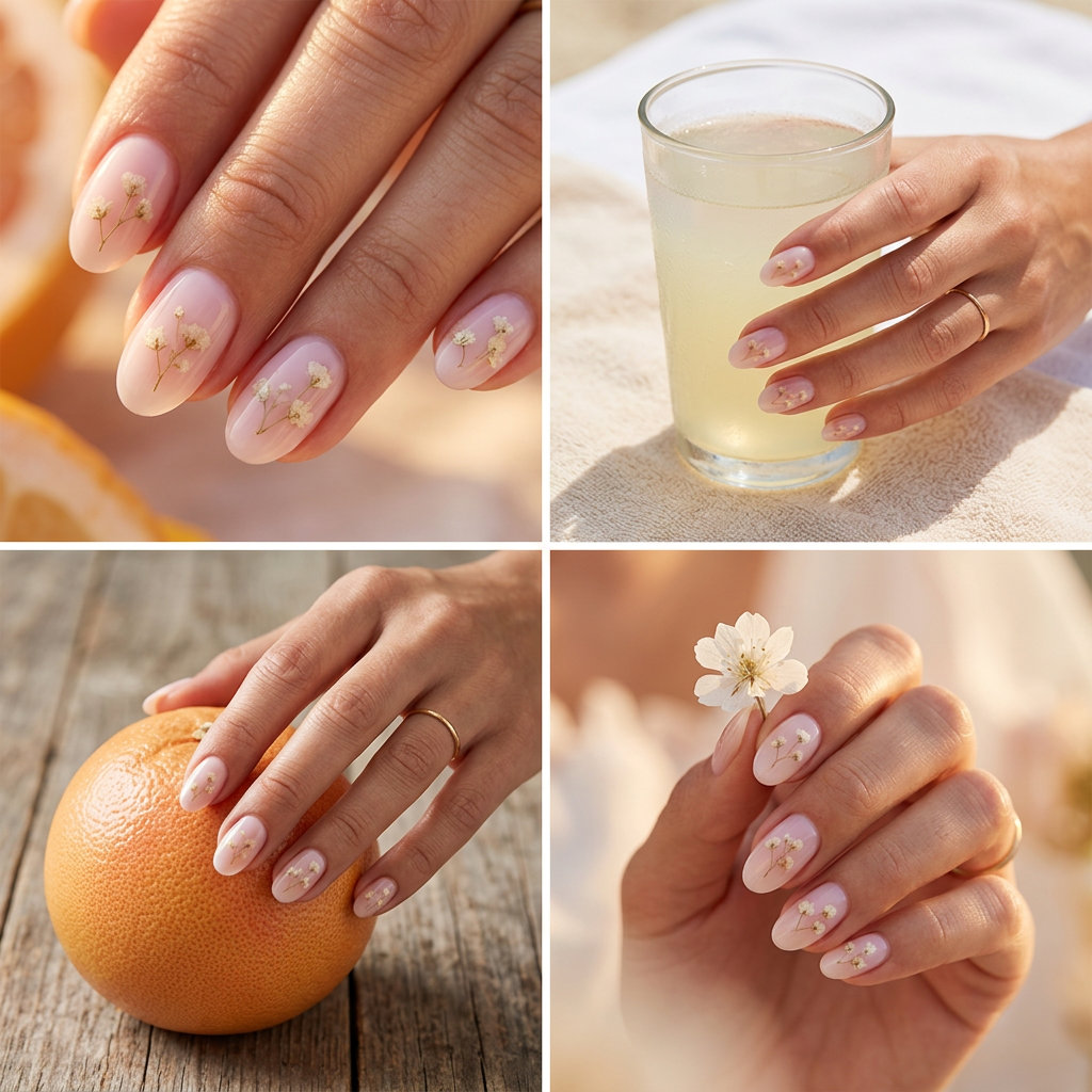 Grapefruit Pink Blooms Nails 2026: Romantic Citrus Art Milky pink nails with white floral accents for summer citrus nail art 2026. Romantic bridal shower or wedding guest style.