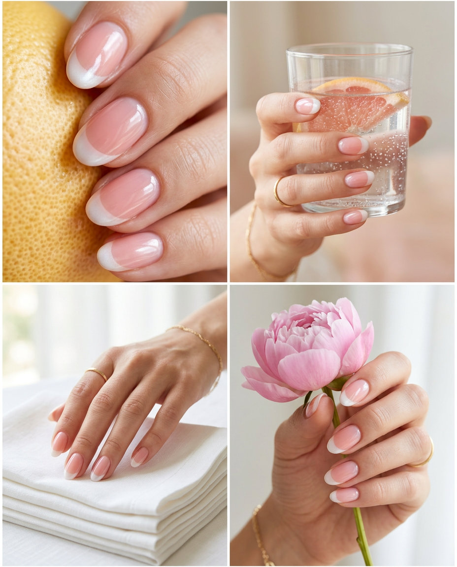 Grapefruit Pink Glazed French Nails 2026: Ethereal Art Grapefruit pink glazed donut French tips on oval nails for summer citrus nail art 2026. Clean-girl bridal shower style.