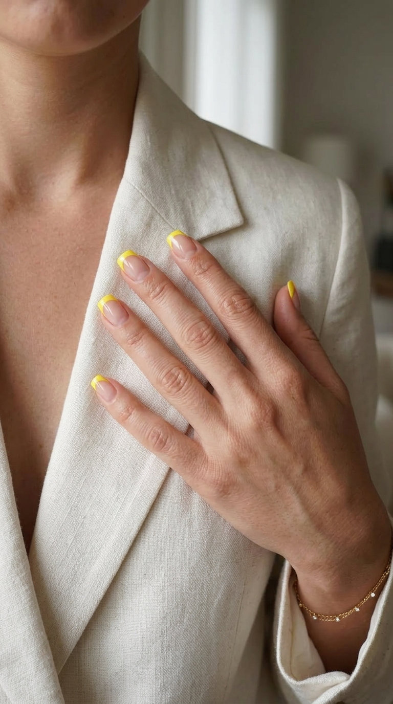 Lemon Cuticle Line Nails 2026 | Retro Chic Style Lemon yellow cuticle line nails for summer citrus nail art 2026. Retro chic casual wear.