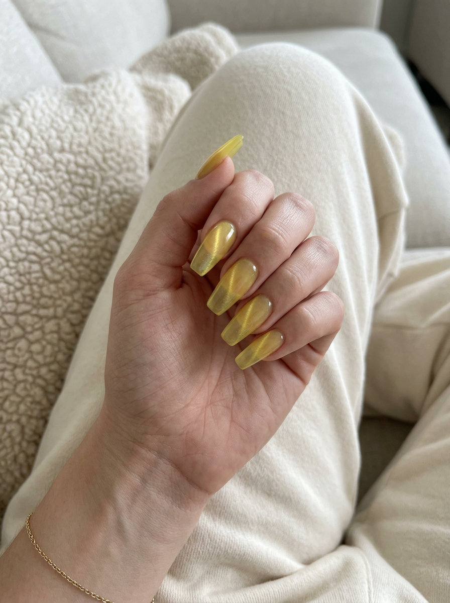 Lemon Yellow Jelly Cat-Eye Nails - Summer Citrus Nail Art 2026 Lemon Yellow Jelly Cat-Eye nails for summer citrus nail art 2026. Edgy yellow with magnetic shift for concerts.