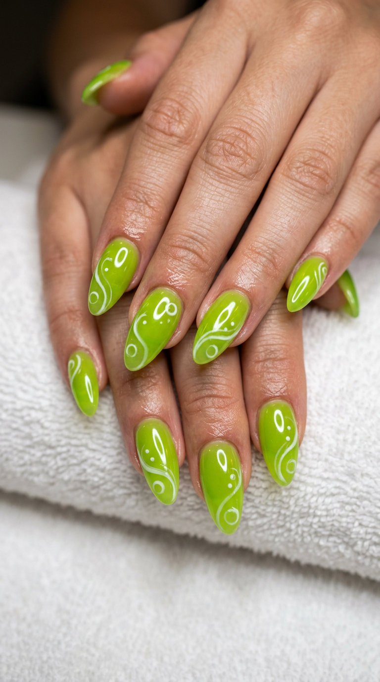 Lime Green Jelly Swirls Nails - Summer Citrus Nail Art 2026 Lime Green Jelly Swirls nails for summer citrus nail art 2026. Playful translucent green with white swirls for festivals.