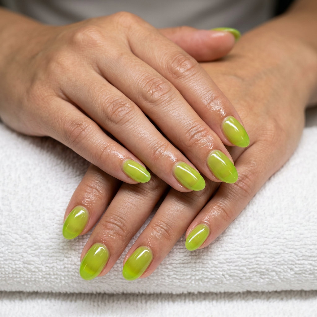 Lime Jelly Nails 2026 | Fresh Summer Style Sheer lime green jelly nails for summer citrus nail art 2026. Clean-girl fresh casual style.