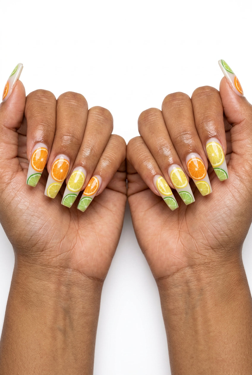 Citrus Fruit Slice Nails 2026 | Playful Vacation Style Mixed citrus fruit slice coffin nails for summer citrus nail art 2026. Playful vacation style.