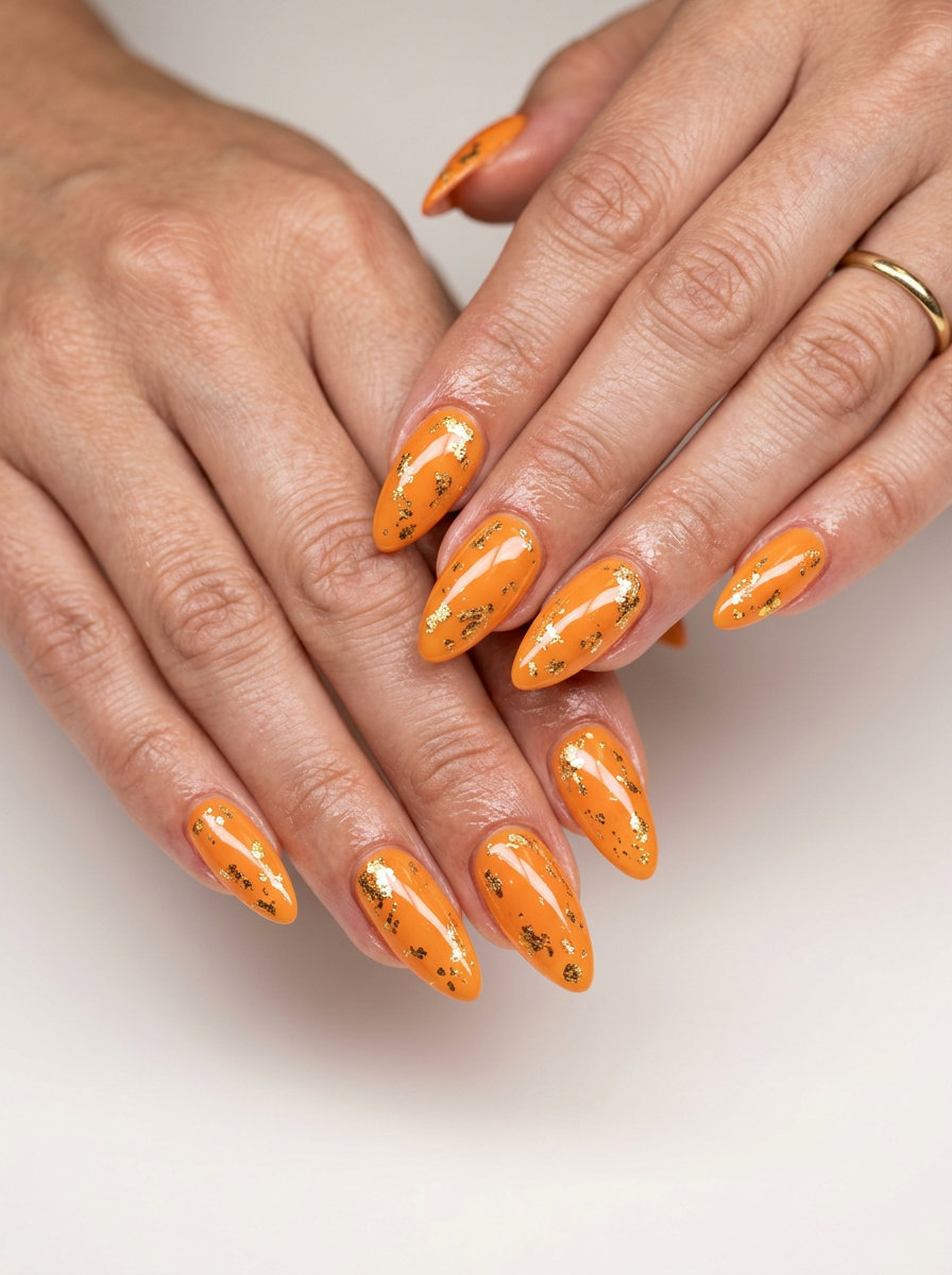Tangerine Foil Nails 2026 | Glamorous Party Look Tangerine orange coffin nails with gold foil for summer citrus nail art 2026. Glamorous date night look.