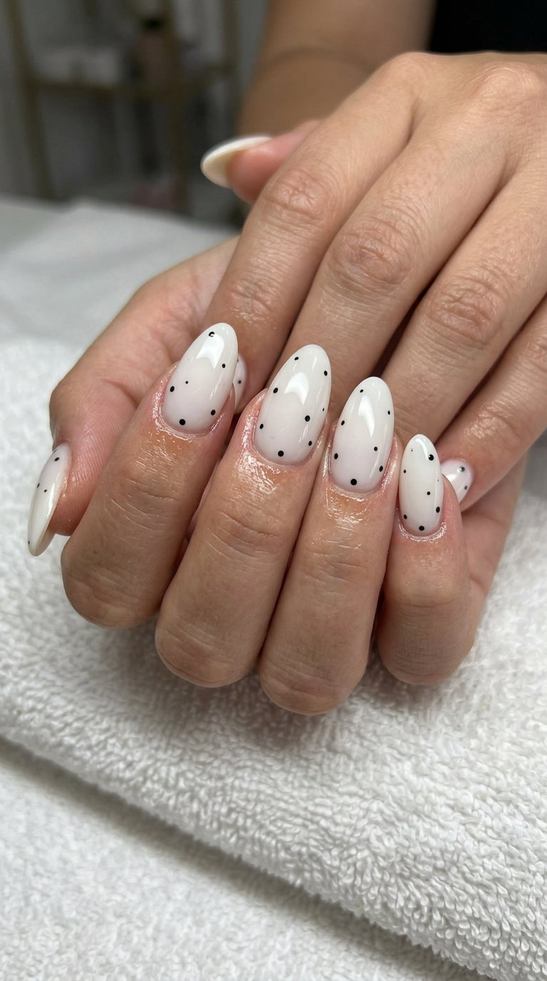 Chic Milky Almond Dots nails: playful modern for date nights summer classy nails 2026.