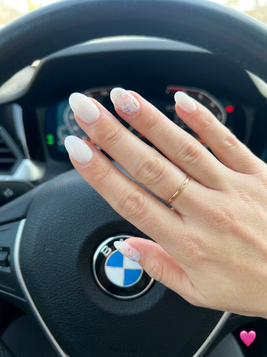 Summer classy nails 2026: Milky white almond nails with pastel floral art for garden parties and weddings.