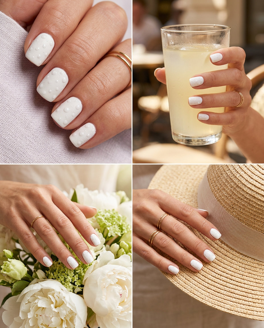 Summer classy nails 2026: Milky white textured dot nails for a clean girl aesthetic.