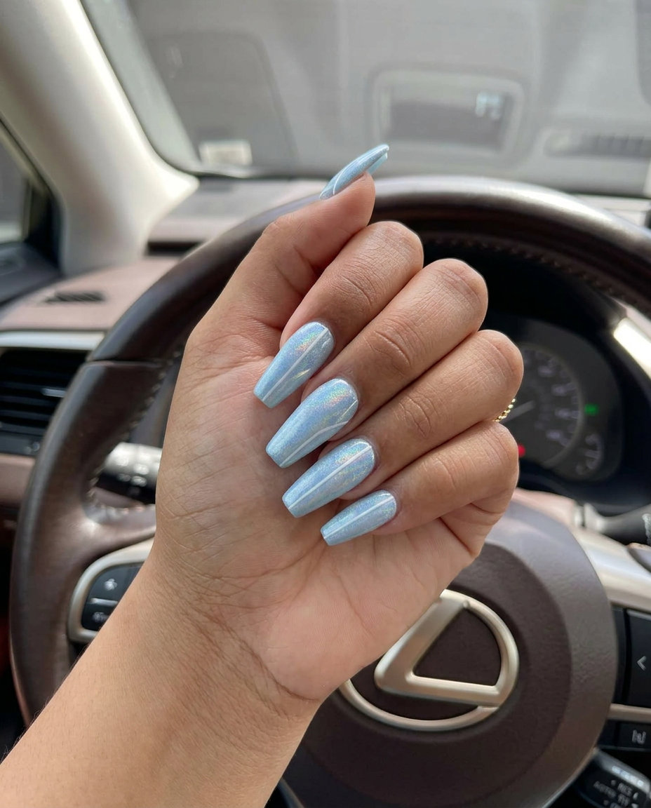 Modern Sky Lines Coffin nails: pale sky blue with crisp white lines for sophisticated summer classy nails 2026.