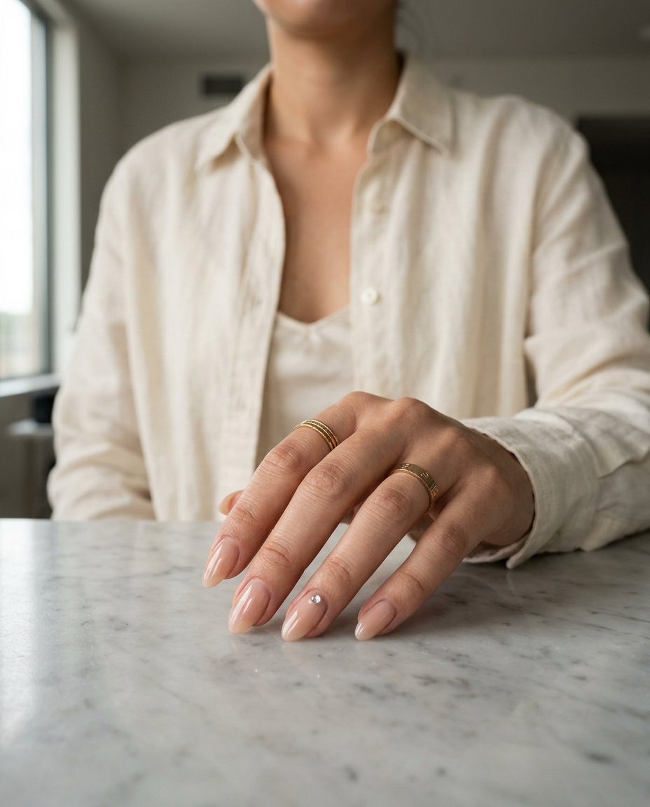 Summer classy nails 2026: Sheer nude nails with a subtle rhinestone accent for glamorous parties.