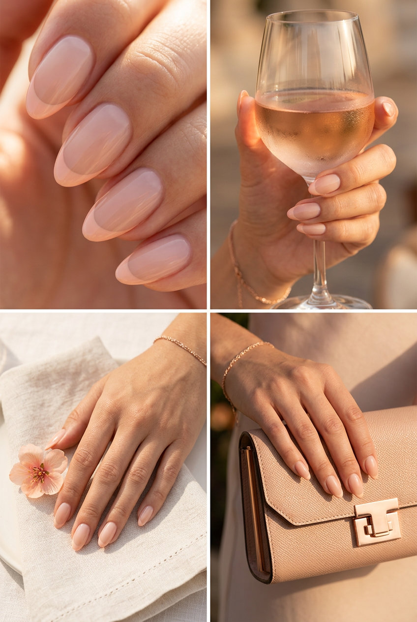 Summer classy nails 2026: Delicate sheer nude almond nails with a soft peach French tip for events.