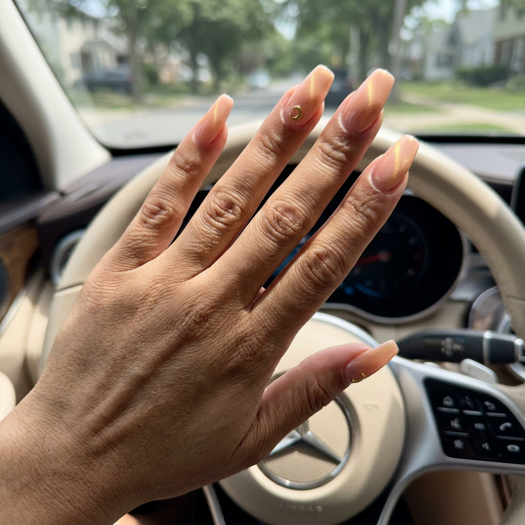 Summer classy nails 2026: Peachy feline gaze magnetic nails in coffin shape for date night.
