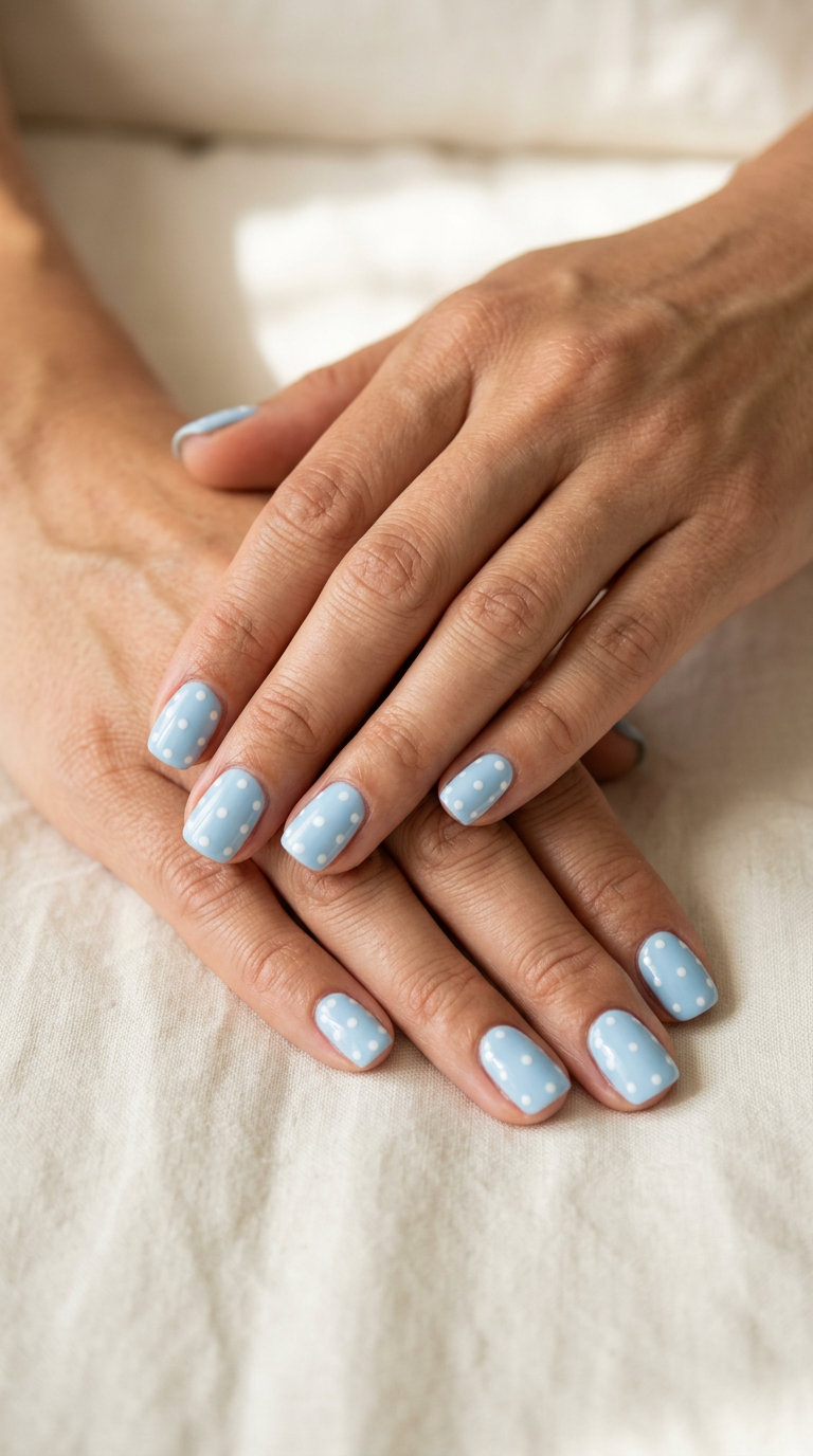 Summer classy nails 2026: Pale sky blue squoval nails with white dots for casual fun.