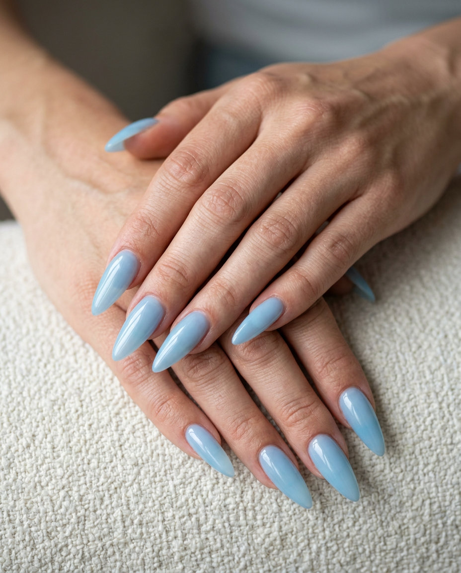 Summer classy nails 2026: Pale sky blue jelly stiletto nails for a bold party look.