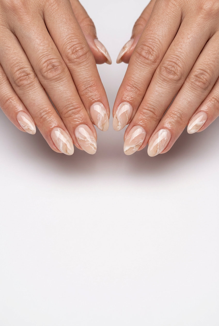 Veined Nude Elegance Almond nails: sophisticated marble for formal events summer classy nails 2026.