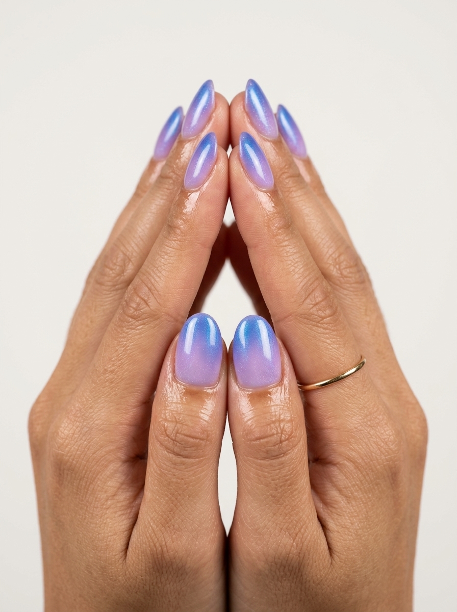 Blue Gradient Aura Nails 2026: Ethereal Daytime Chic Celestial Aura Blue Gradient nails for daytime events. Lavender to electric blue with shimmer.