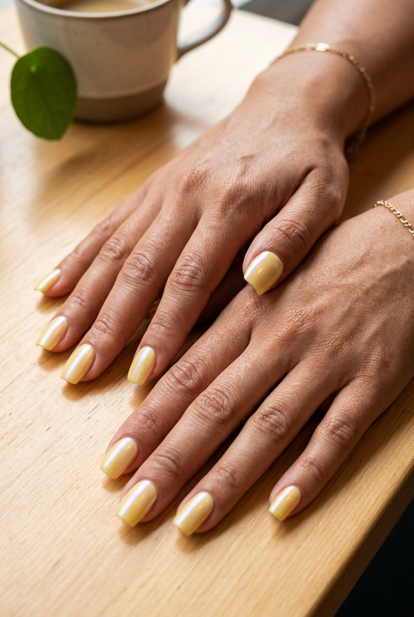 Butter Yellow Pearlescent Nails 2026: Vacation Vibes Butter yellow pearlescent shimmer nails for summer colorful nails designs 2026, perfect for vacation.