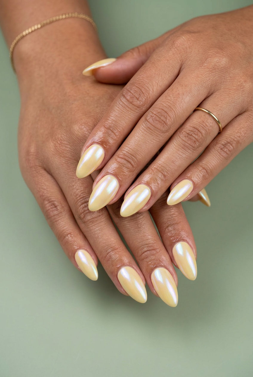 Butter Yellow Pearlescent Stilettos 2026: Luminous Summer Butter yellow pearlescent shimmer stiletto nails for summer colorful nails designs 2026, ideal for summer.